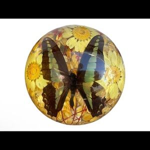 4 inch resin Half globe butterfly paperweight with flowers.